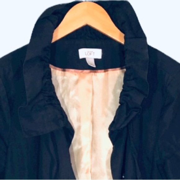 LOFT size M blue grey Cotton ruffle cinch collar button front pleated middy coat - Picture 4 of 16